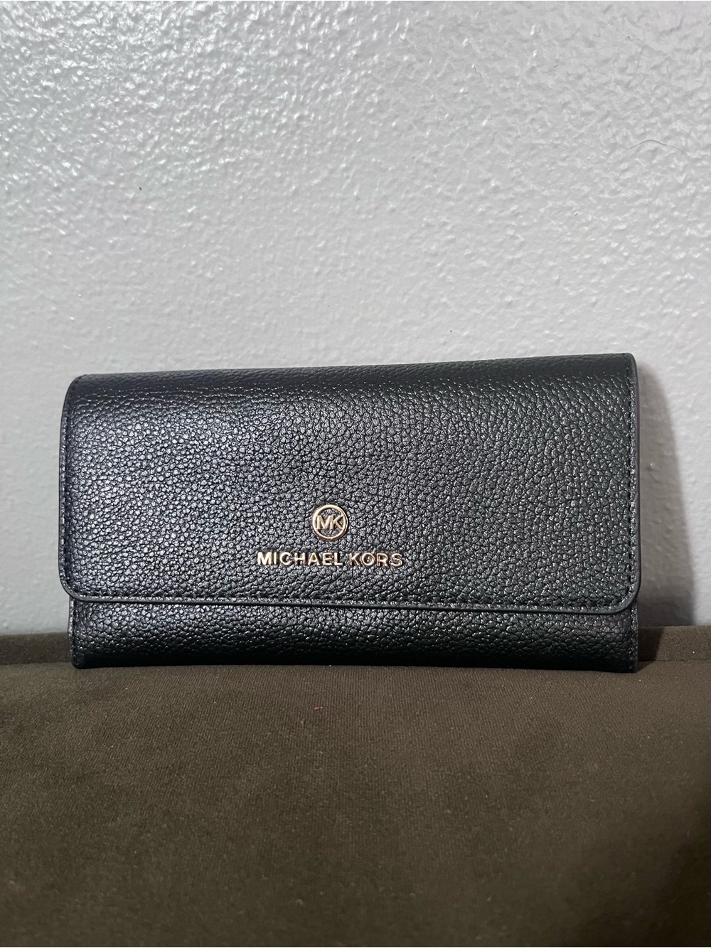 Michael Kors Black Pebbled Leather Flap Wallet with Gold Logo